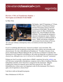 CMA at Transformer Station — Norwegian Accordionist Frode Haltli by Mike Telin