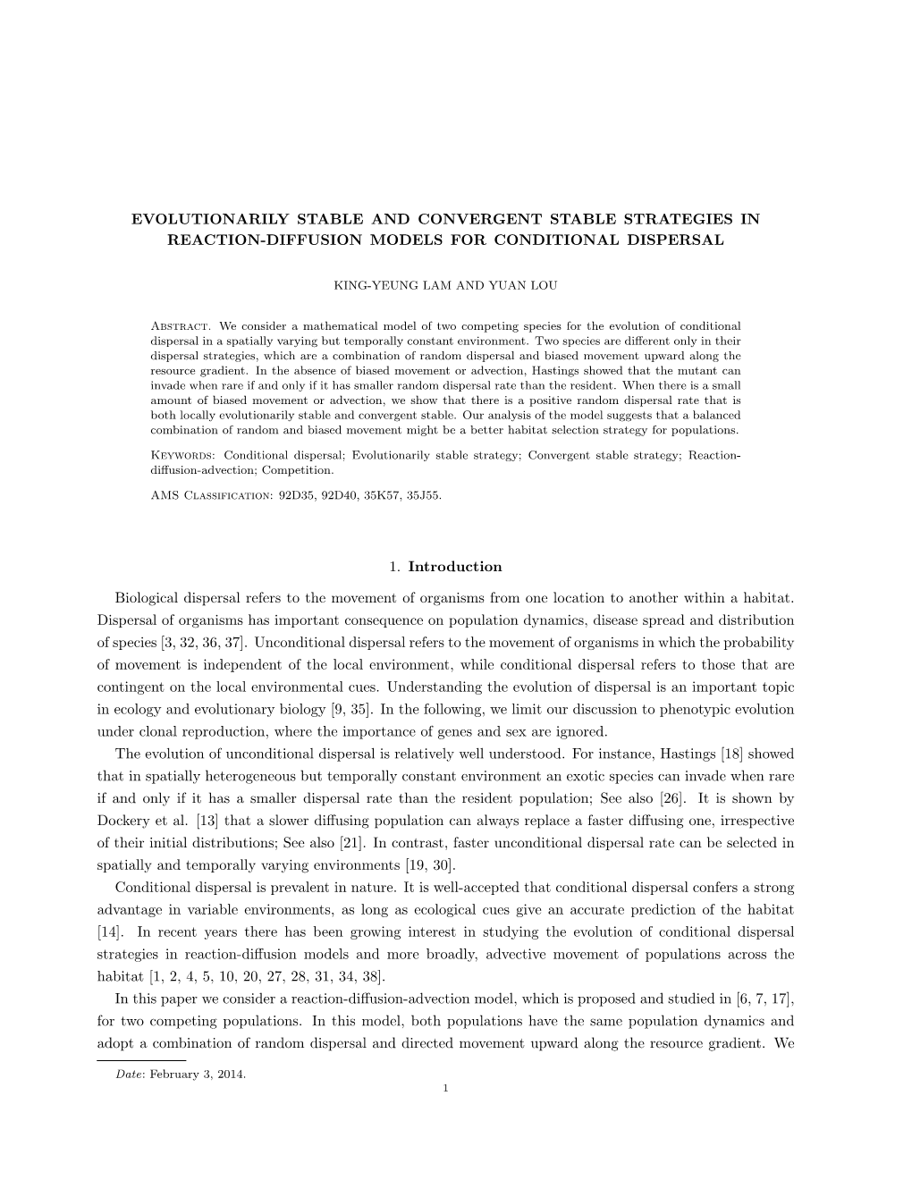 Evolutionarily Stable and Convergent Stable Strategies in Reaction-Diffusion Models for Conditional Dispersal