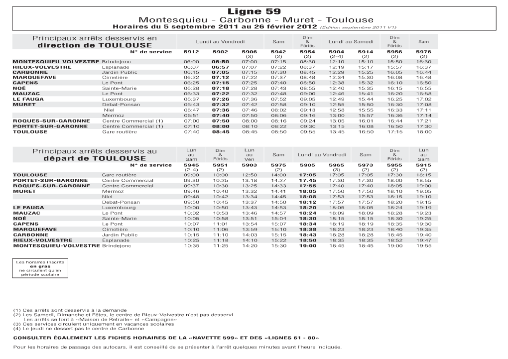 Ligne 59 Montesquieu - Carbonne - Muret - Toulouse Horaires Du 5 Septembre 2011 Au 26 Février 2012 (Édition Septembre 2011 V1)
