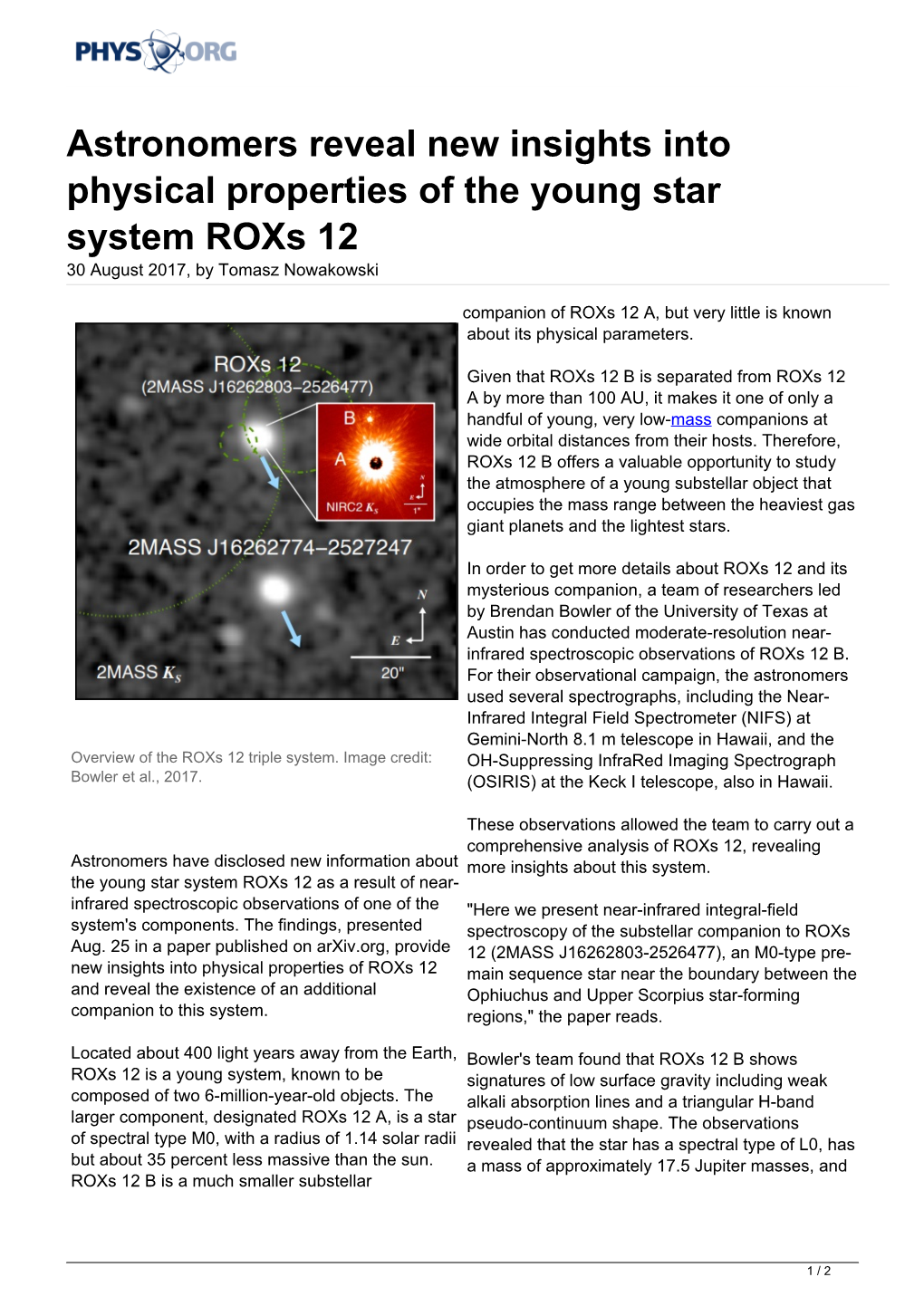 Astronomers Reveal New Insights Into Physical Properties of the Young Star System Roxs 12 30 August 2017, by Tomasz Nowakowski