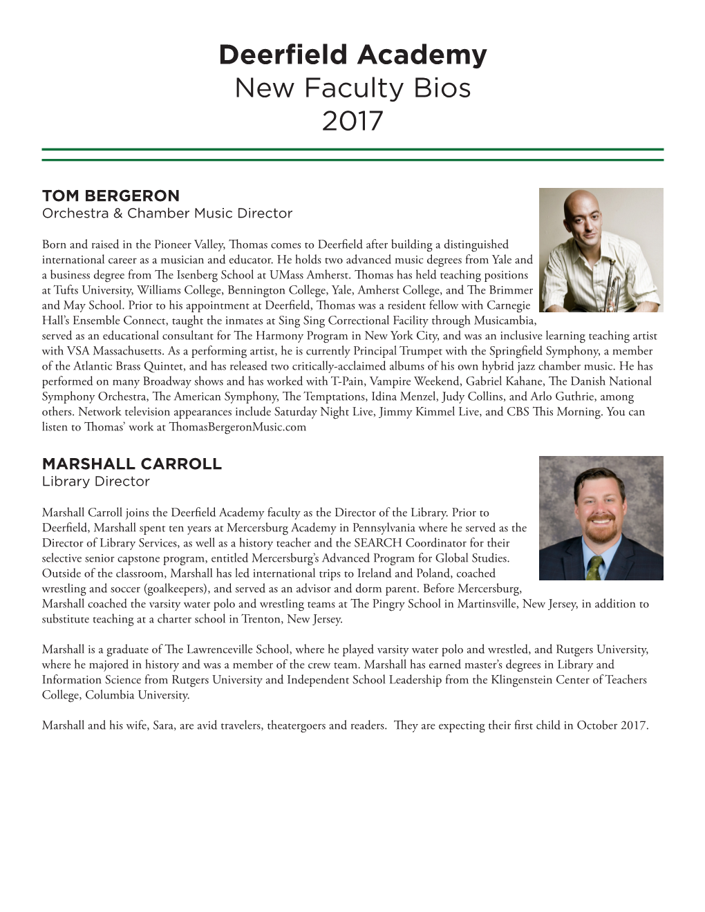 Deerfield Academy New Faculty Bios 2017