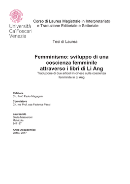 Sviluppo Di Una Coscienza Femminile Attraverso I Libri Di Li Ang Traduzione Di Due Articoli in Cinese Sulla Coscienza Femminile in Li Ang