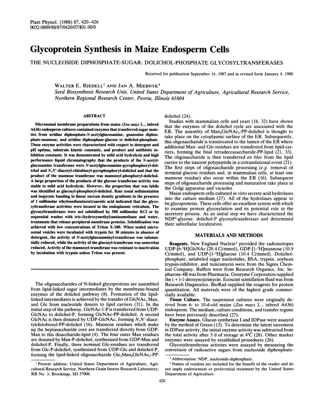 Glycoprotein Synthesis in Maize Endosperm Cells the NUCLEOSIDE DIPHOSPHATE-SUGAR: DOLICHOL-PHOSPHATE GLYCOSYLTRANSFERASES