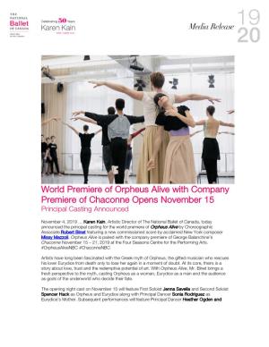 World Premiere of Orpheus Alive with Company Premiere of Chaconne Opens November 15 Principal Casting Announced