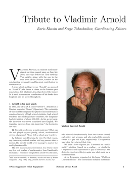 Tribute to Vladimir Arnold Boris Khesin and Serge Tabachnikov, Coordinating Editors