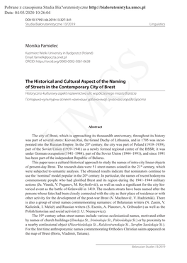 Monika Famielec the Historical and Cultural Aspect of the Naming Of