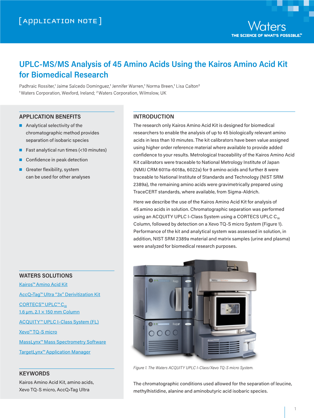 Analysis of 45 Amino Acids Using UPLC-MS/MS for Biomedical Research Using the Kairos Amino Acid Kit 2 [ APPLICATION NOTE ]