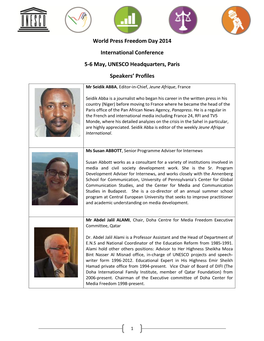 World Press Freedom Day 2014 International Conference 5-6 May, UNESCO Headquarters, Paris Speakers’ Profiles