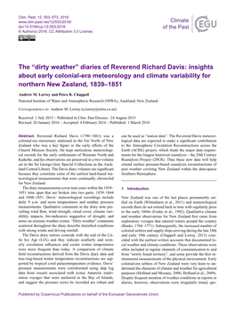 Diaries of Reverend Richard Davis: Insights About Early Colonial-Era Meteorology and Climate Variability for Northern New Zealand, 1839–1851