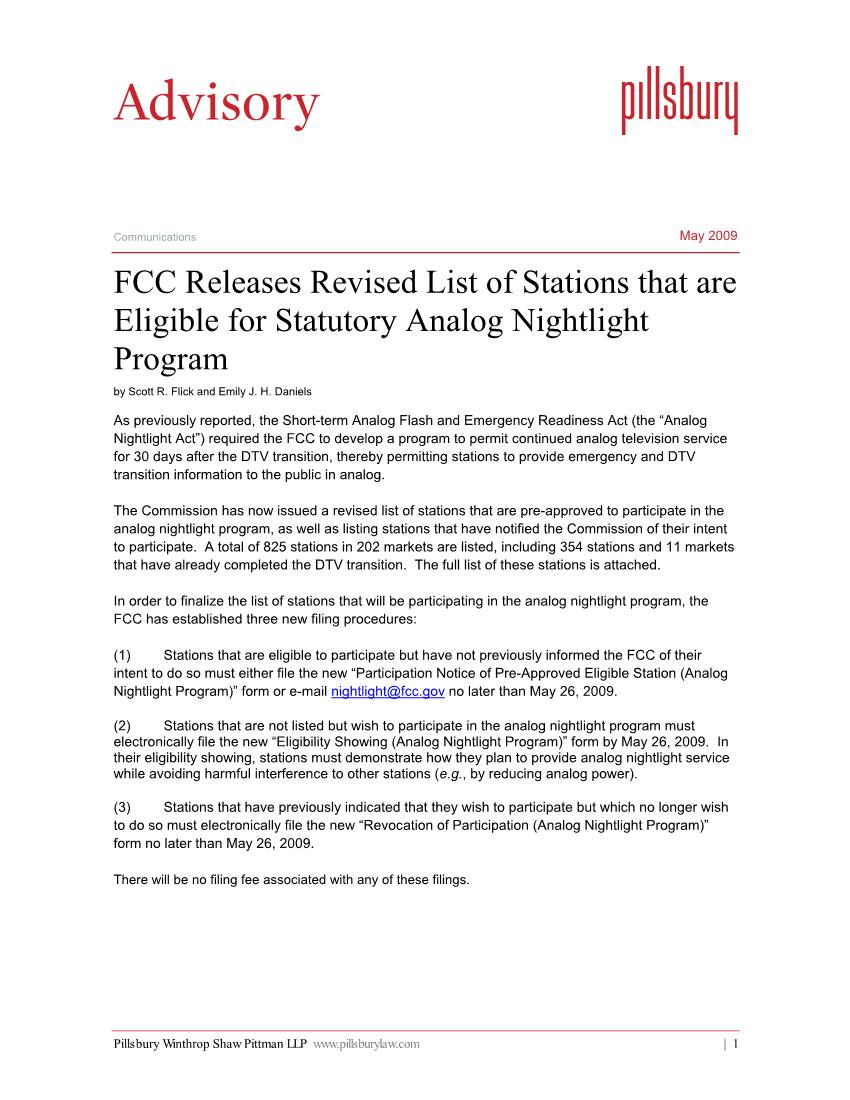 FCC Releases Revised List of Stations That Are Eligible for Statutory Analog Nightlight Program by Scott R