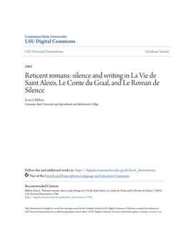 Silence and Writing in La Vie De Saint Alexis, Le Conte Du Graal, and Le Roman De Silence Evan J