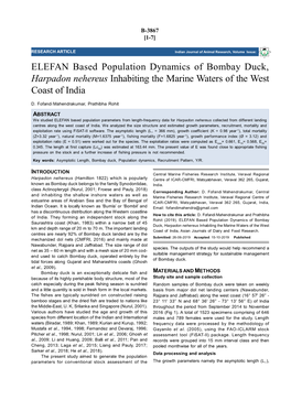 ELEFAN Based Population Dynamics of Bombay Duck, Harpadon Nehereus Inhabiting the Marine Waters of the West Coast of India