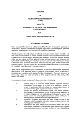 COMPLAINT of KILUSANG MAYO UNO LABOR CENTER (“KMU