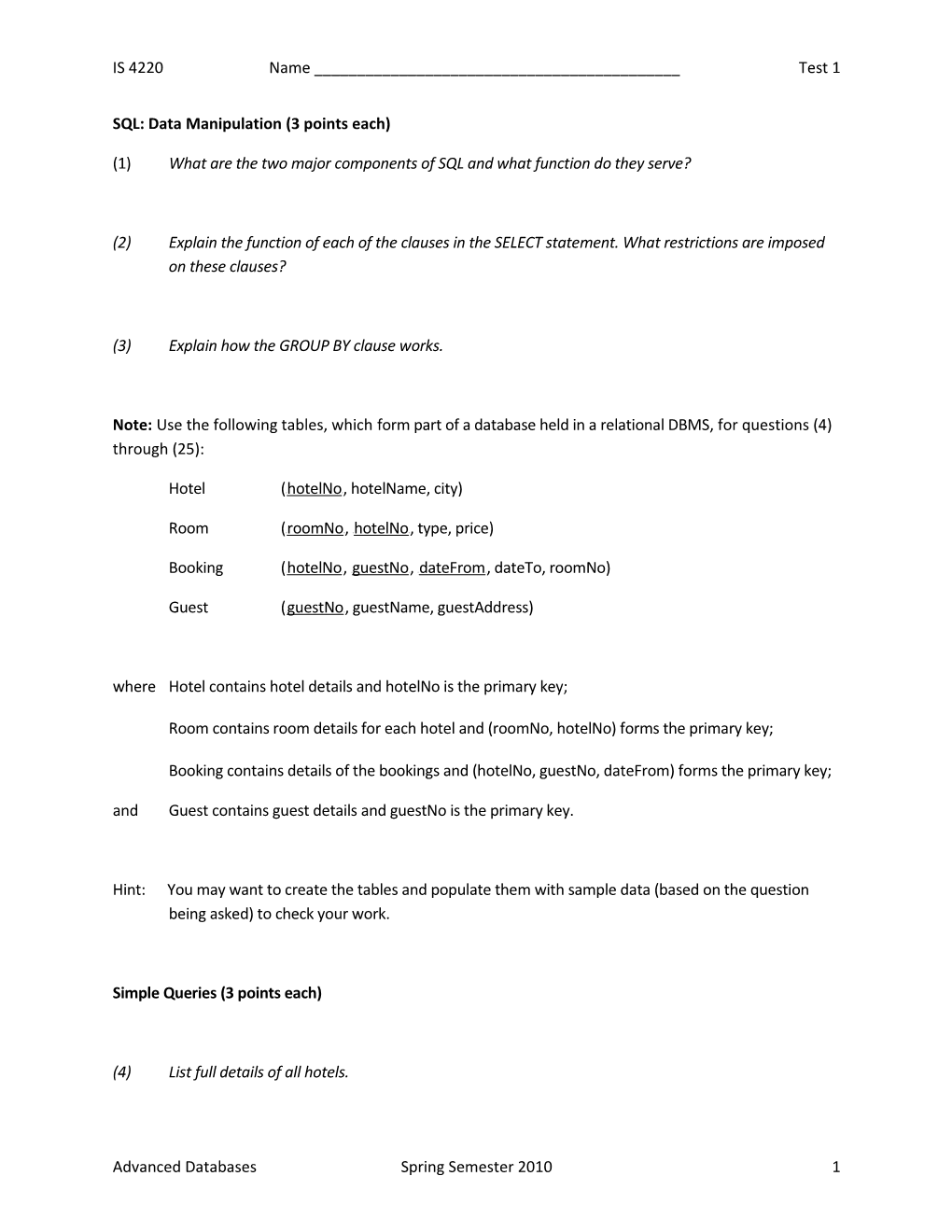 SQL: Data Manipulation (3 Points Each)