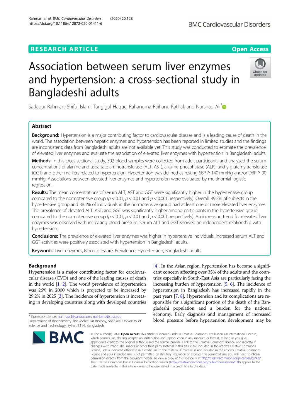 Association Between Serum Liver Enzymes and Hypertension