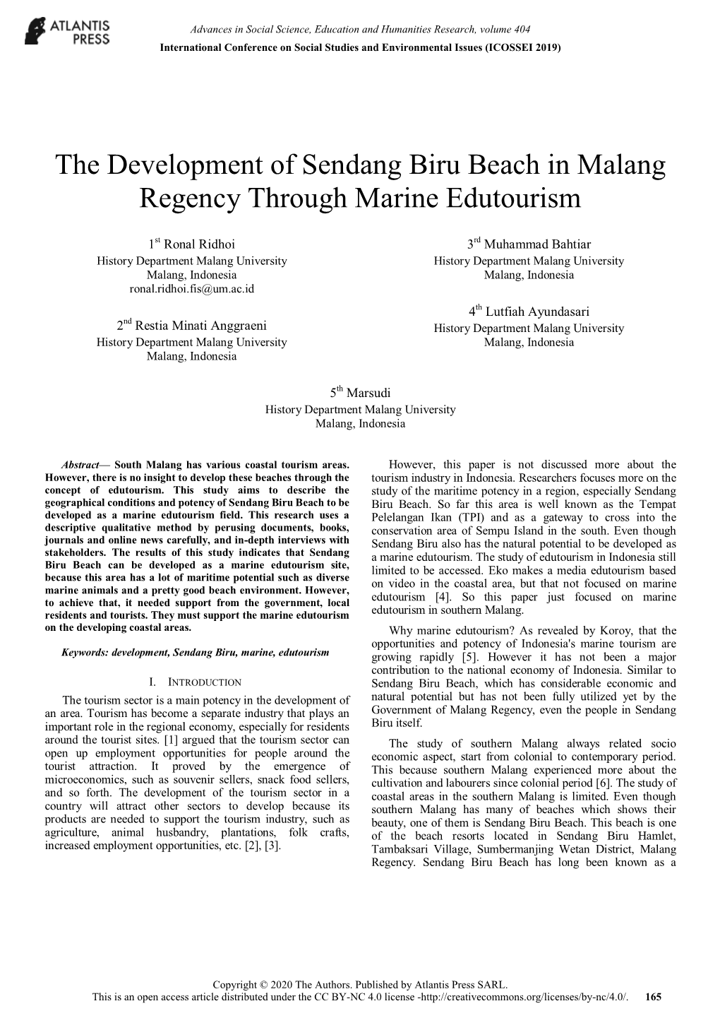 The Development of Sendang Biru Beach in Malang Regency Through