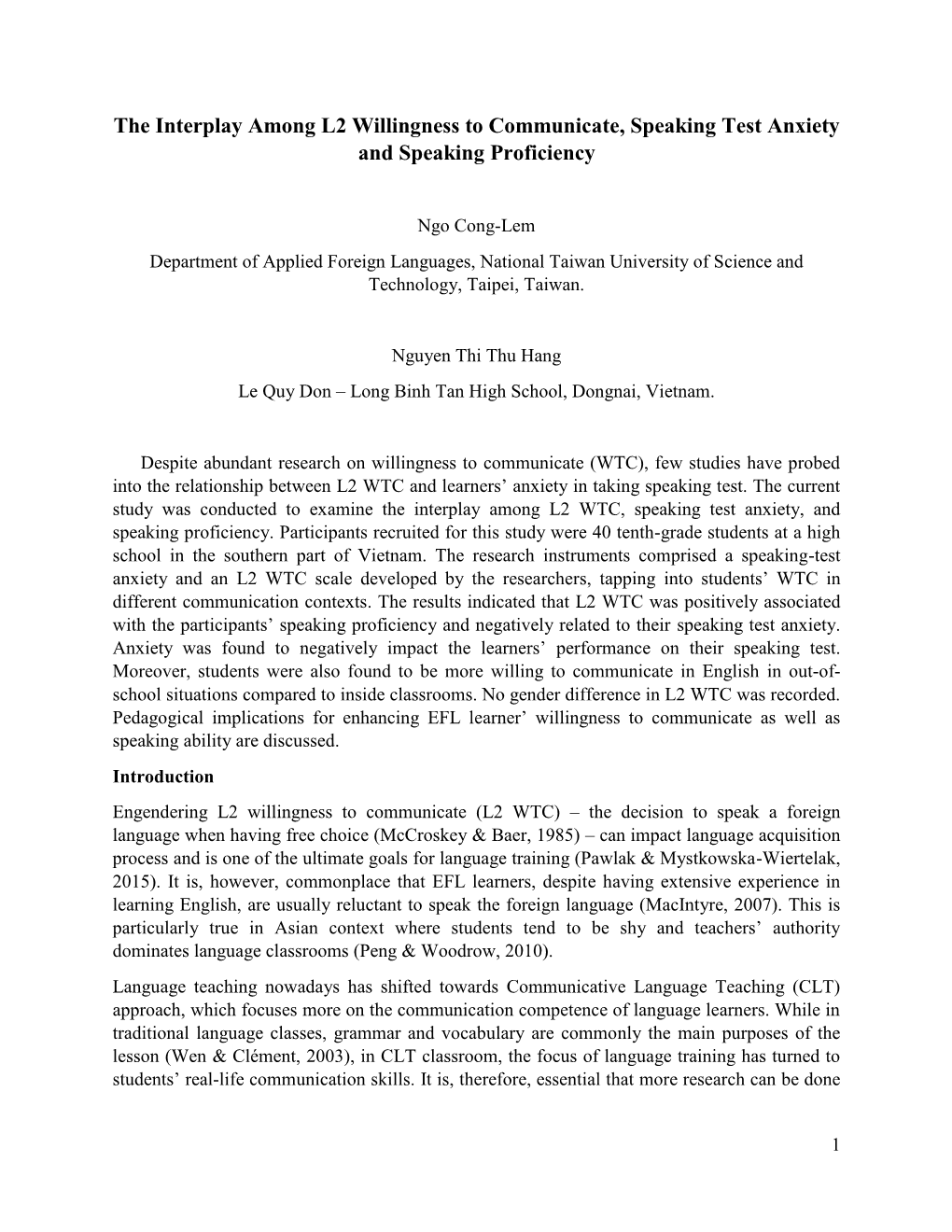 The Interplay Among L2 Willingness to Communicate, Speaking Test Anxiety and Speaking Proficiency