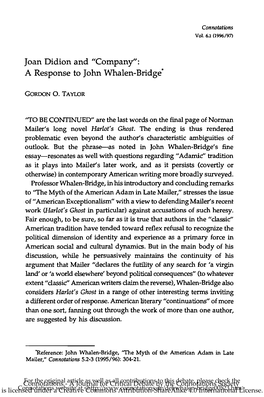 Joan Didion and "Company": a Response to John Whalen-Bridge*