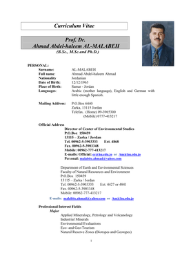 Curriculum Vitae Prof. Dr. Ahmad Abdel-Haleem AL-MALABEH