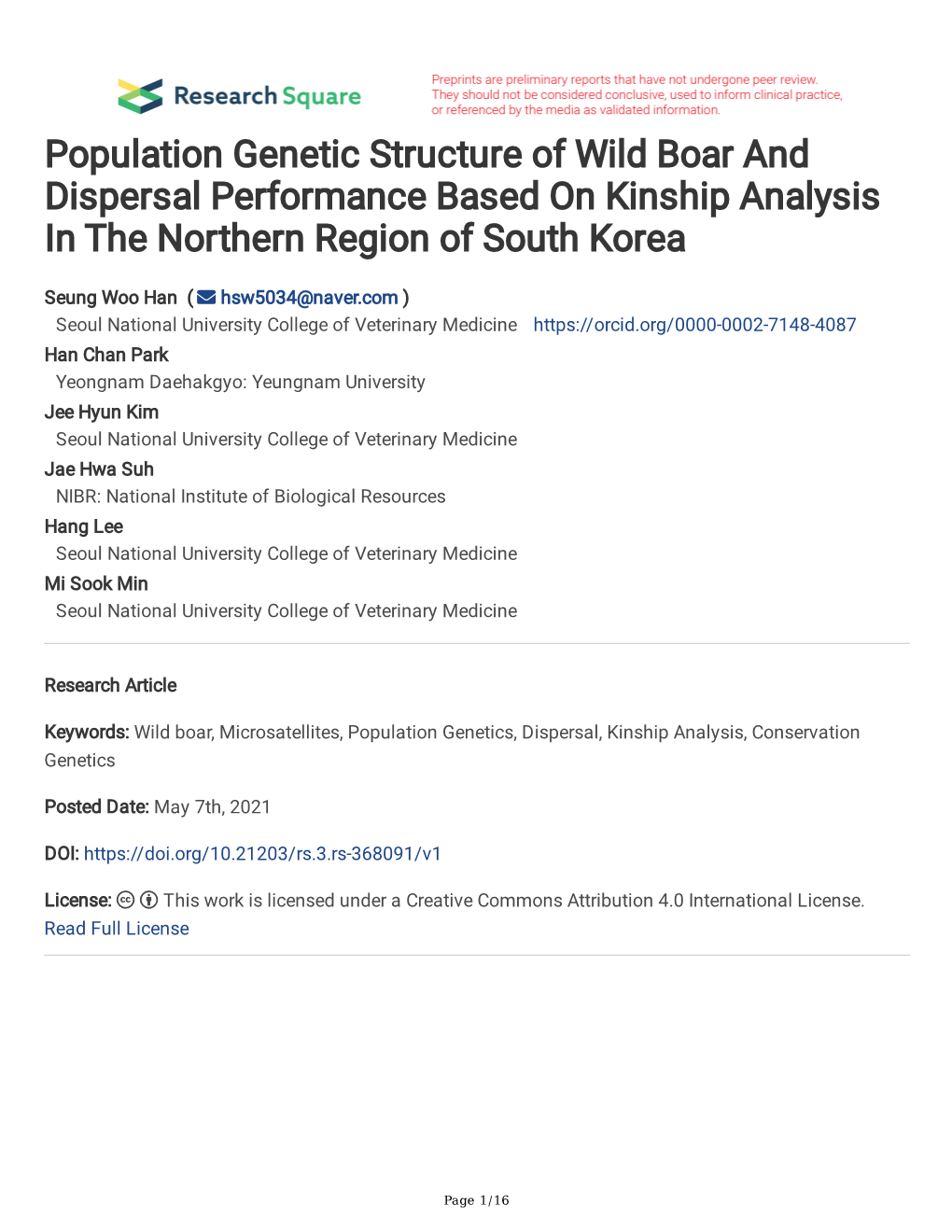 Population Genetic Structure of Wild Boar and Dispersal Performance Based on Kinship Analysis in the Northern Region of South Korea