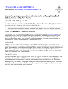 Geophysics, Geology, and Geothermal Leasing Status of the Lightning Dock KGRA, Animas Valley, New Mexico Christian S