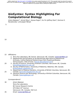 Syntax Highlighting for Computational Biology Artem Babaian1†, Anicet Ebou2, Alyssa Fegen3, Ho Yin (Jeffrey) Kam4, German E