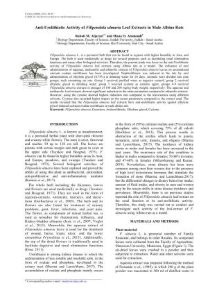 Anti-Urolithiatic Activity of Filipendula Ulmaria Leaf Extracts in Male Albino Rats