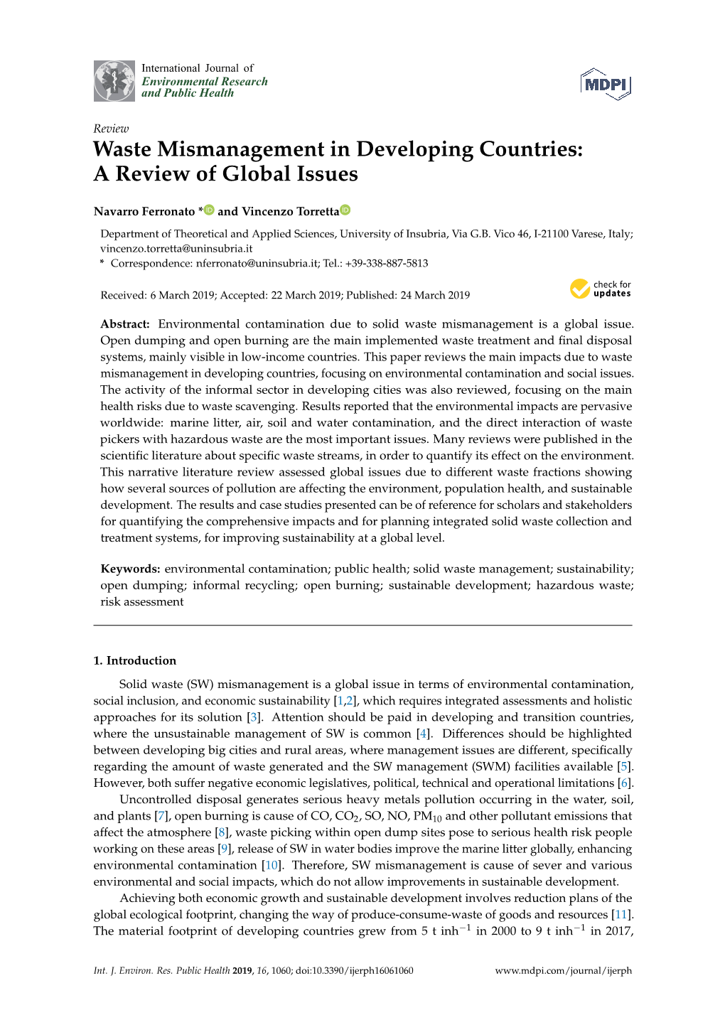 Waste Mismanagement in Developing Countries: a Review of Global Issues