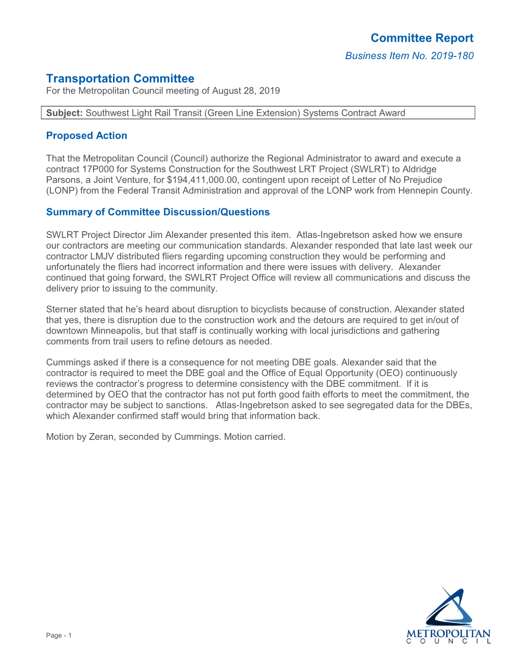 Committee Report Transportation Committee