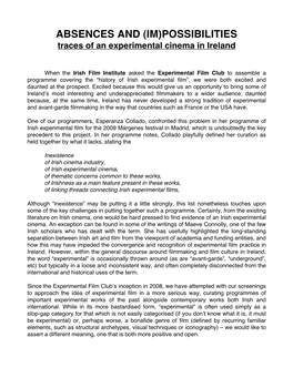 ABSENCES and (IM)POSSIBILITIES Traces of an Experimental Cinema in Ireland