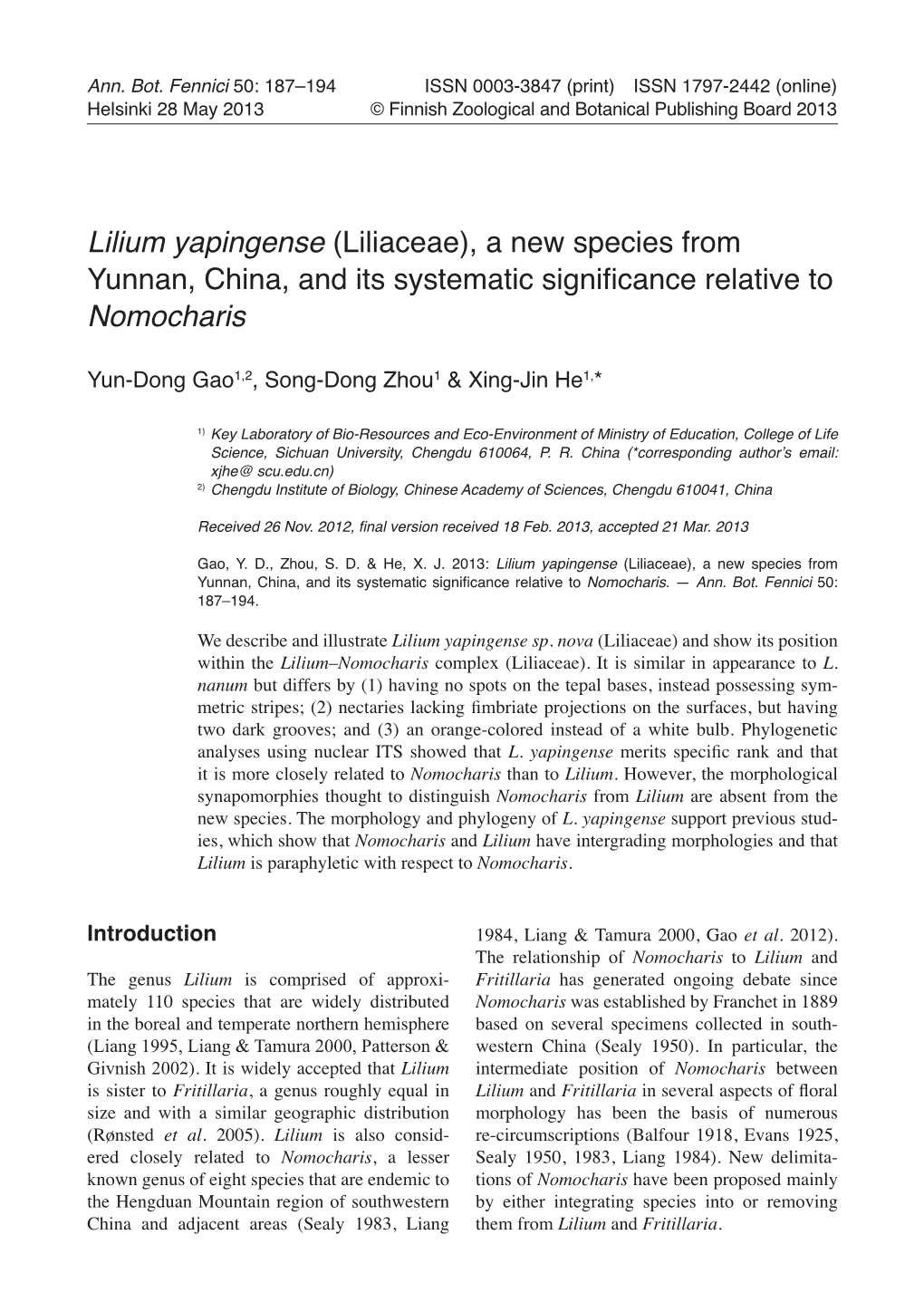 Lilium Yapingense (Liliaceae), a New Species from Yunnan, China, and Its Systematic Significance Relative to Nomocharis