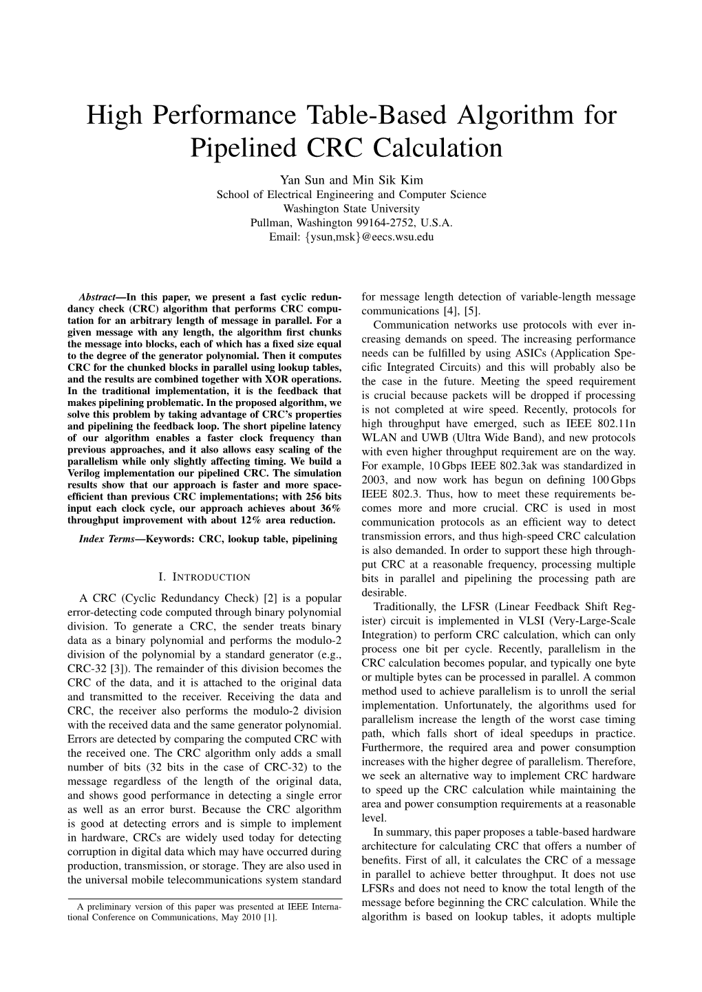 High Performance Table-Based Algorithm for Pipelined CRC Calculation