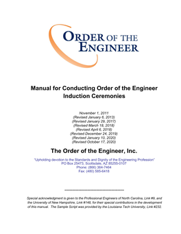 Manual for Conducting Order of the Engineer Induction Ceremonies the Order of the Engineer, Inc