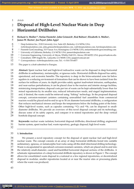 Disposal of High-Level Nuclear Waste in Deep Horizontal