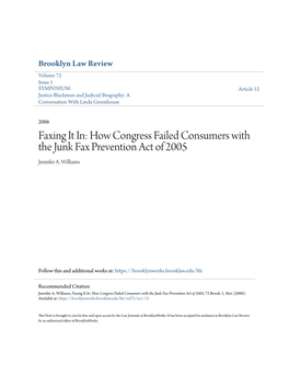 Faxing It In: How Congress Failed Consumers with the Junk Fax Prevention Act of 2005 Jennifer A