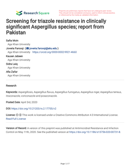 Screening for Triazole Resistance in Clinically Signifcant Aspergillus Species; Report from Pakistan
