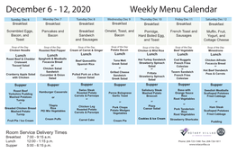 12, 2020 Weekly Menu Calendar