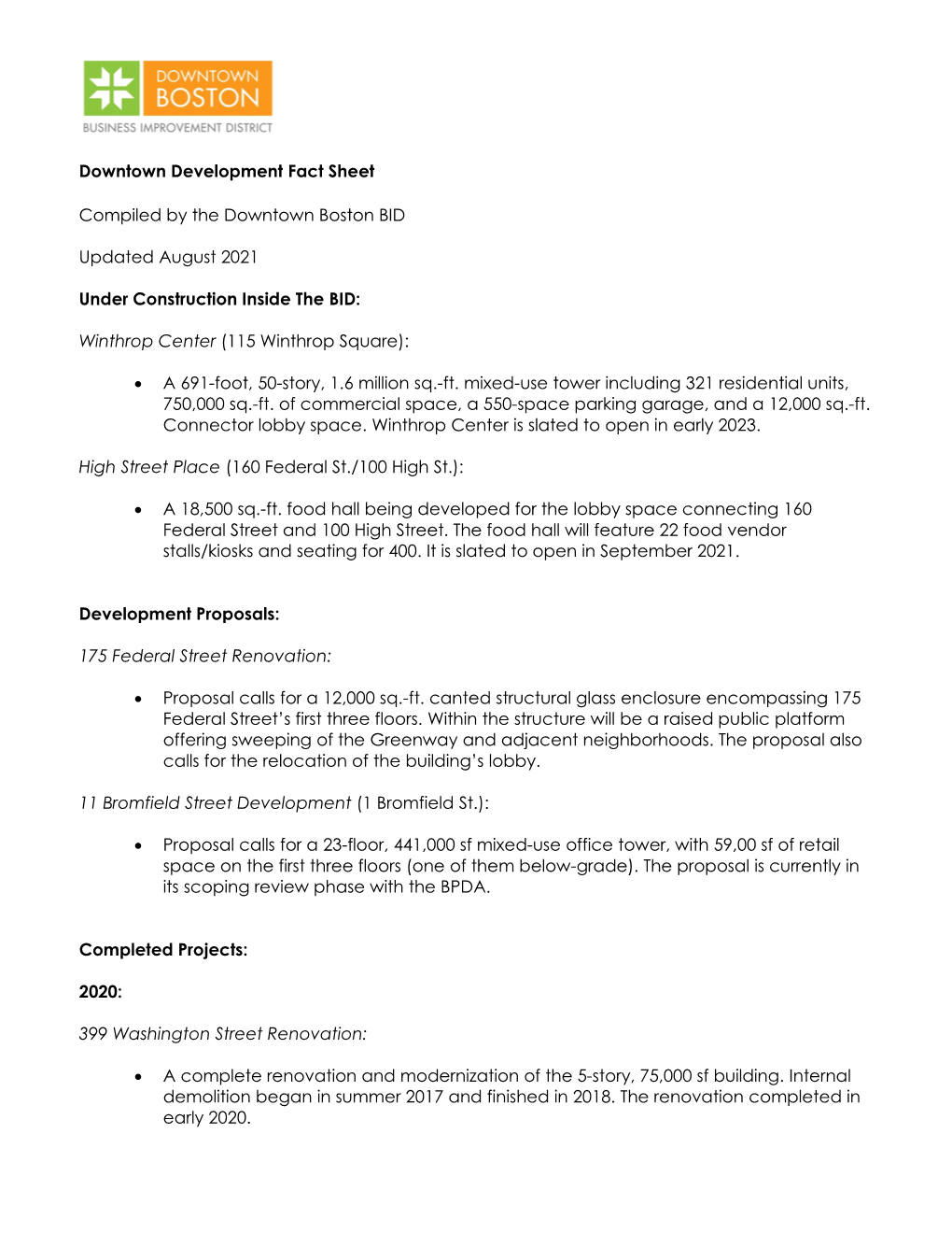 Downtown Development Fact Sheet Compiled by the Downtown Boston