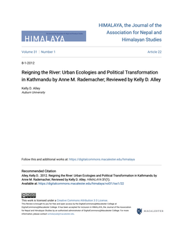 Reigning the River: Urban Ecologies and Political Transformation in Kathmandu by Anne M