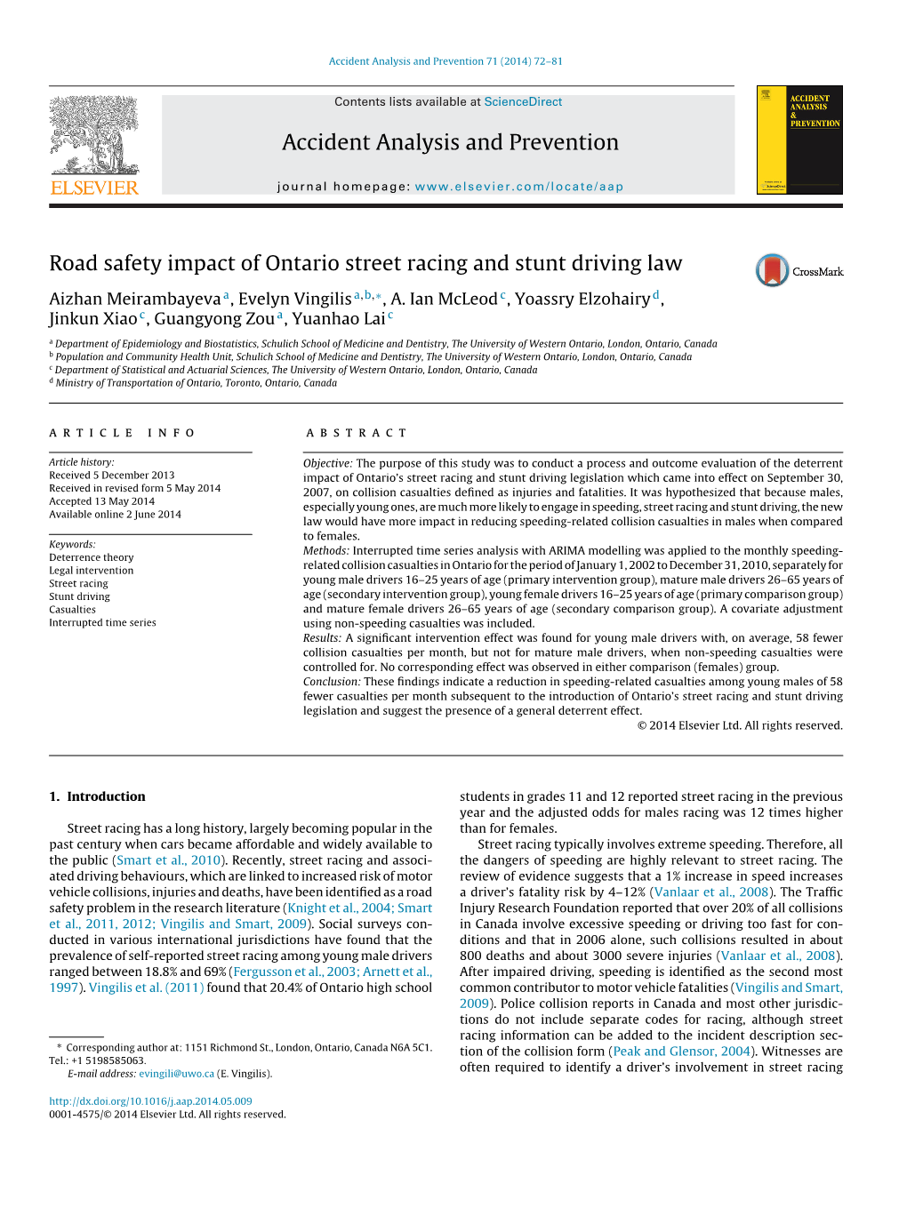 Road Safety Impact of Ontario Street Racing and Stunt Driving Law