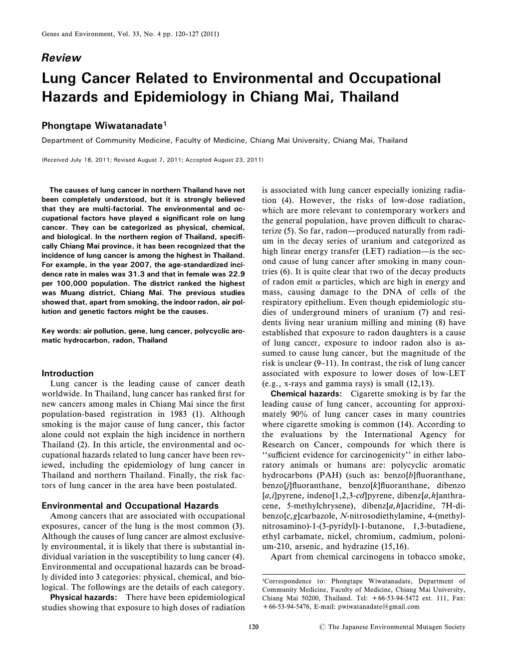 Lung Cancer Related to Environmental and Occupational Hazards and Epidemiology in Chiang Mai, Thailand