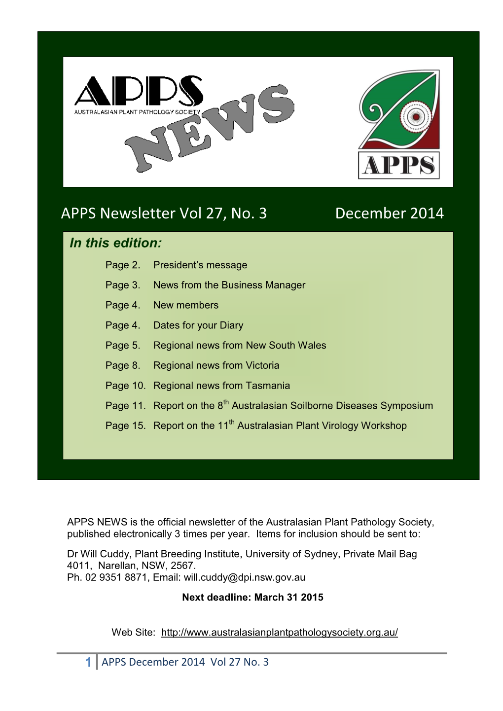 APPS Newsletter Vol 27, No. 3 December 2014 in This Edition