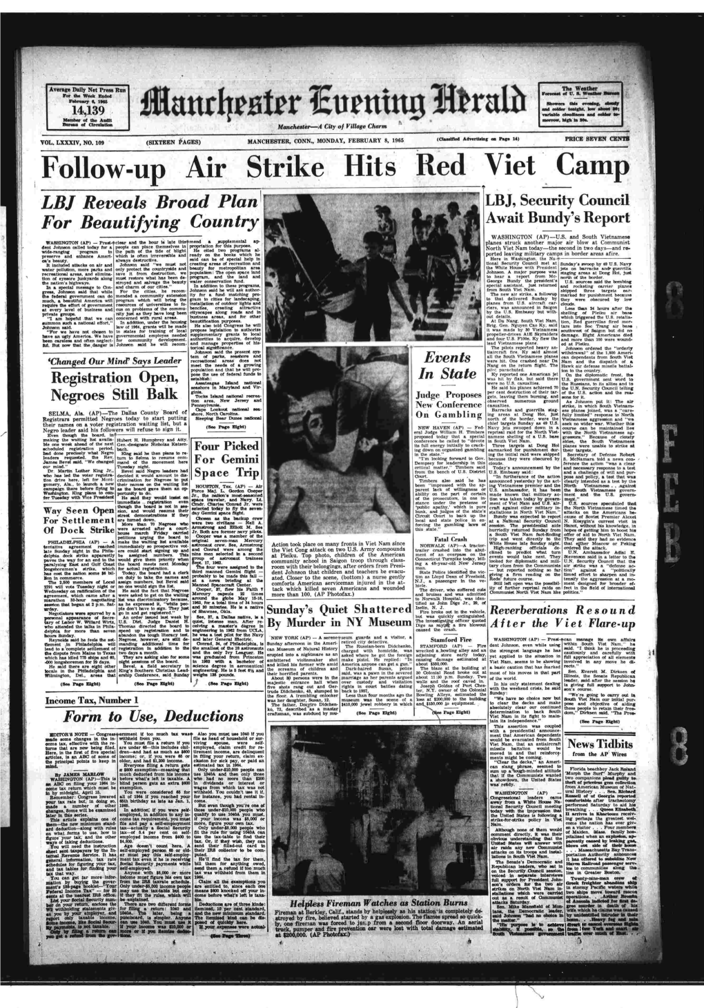 Follow-Up Air Strike Hits Red Viet Camp LBJ Reveals Broad Plan LBJ, Security Council for Beautifying Country Await Bundy’S Report WASHINGTON (A P )— U.S
