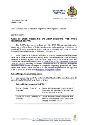 CIRCULARS 05/2018 Rules of Origin Under the Sri Lanka-Singapore