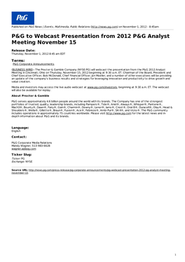 P&G to Webcast Presentation from 2012 P&G Analyst Meeting