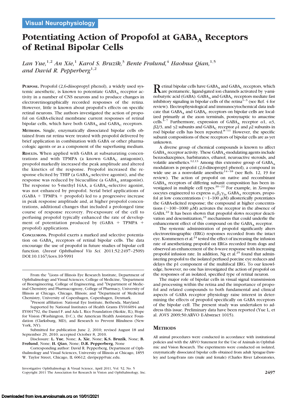 Potentiating Action of Propofol at GABAA Receptors of Retinal Bipolar Cells