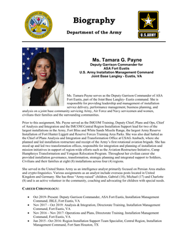 Ms. Tamara G. Payne Deputy Garrison Commander for ASA Fort Eustis U.S