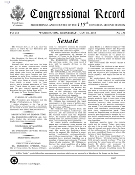 Congressional Record United States Th of America PROCEEDINGS and DEBATES of the 115 CONGRESS, SECOND SESSION