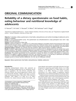 ORIGINAL COMMUNICATION Reliability of a Dietary Questionnaire on Food Habits, Eating Behaviour and Nutritional Knowledge of Adolescents