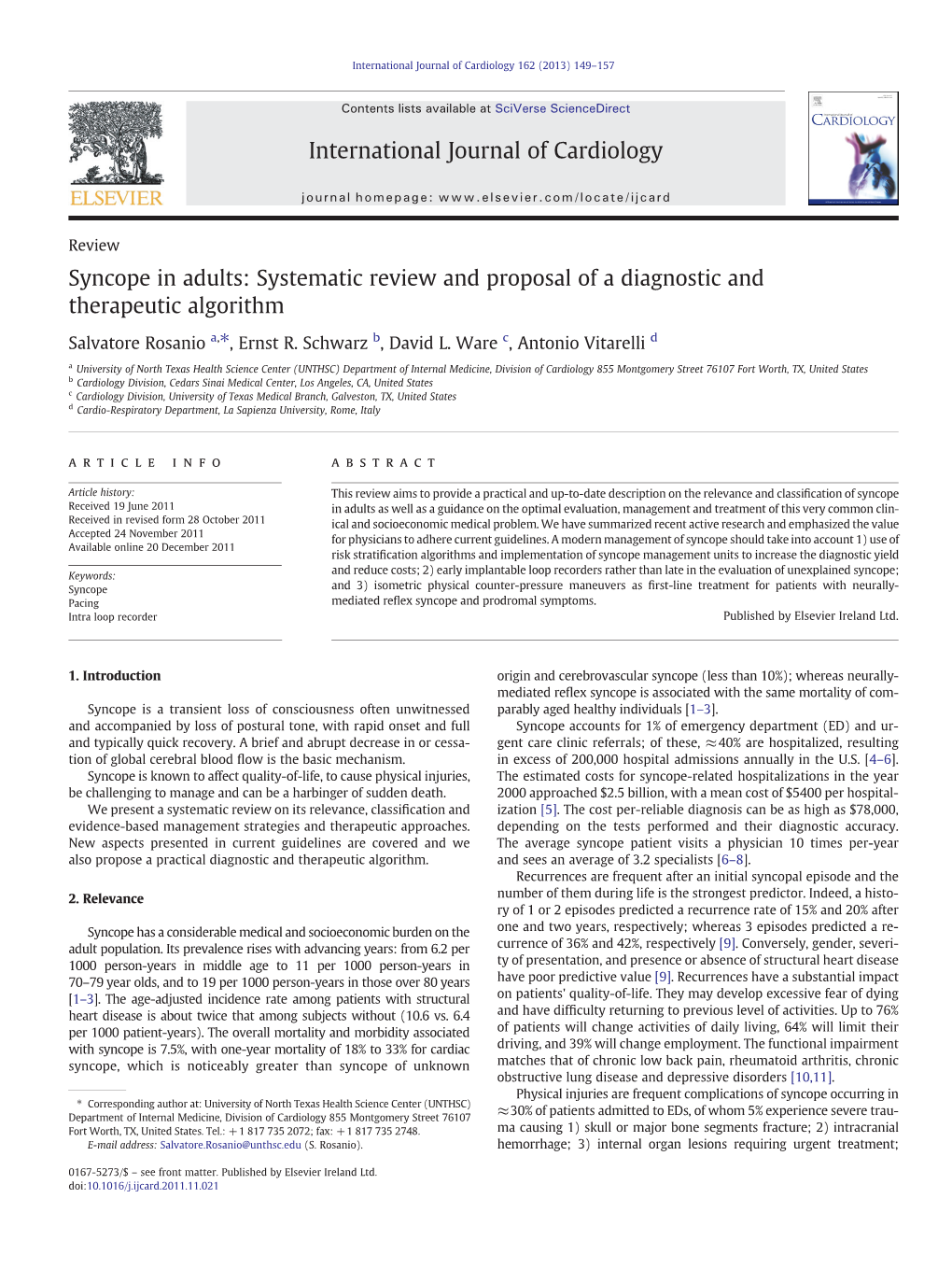 Syncope in Adults: Systematic Review and Proposal of a Diagnostic and Therapeutic Algorithm